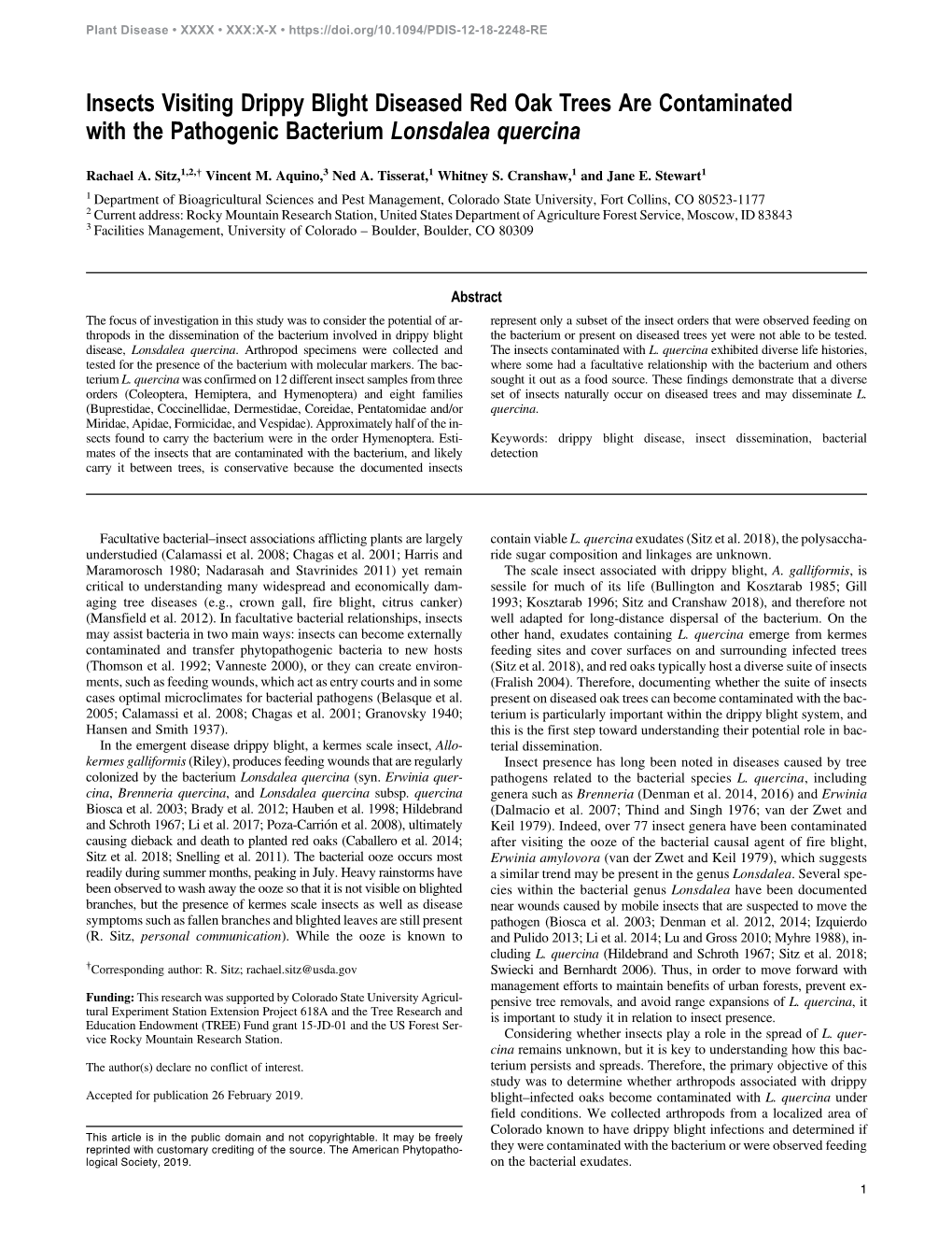 Insects Visiting Drippy Blight Diseased Red Oak Trees Are Contaminated with the Pathogenic Bacterium Lonsdalea Quercina