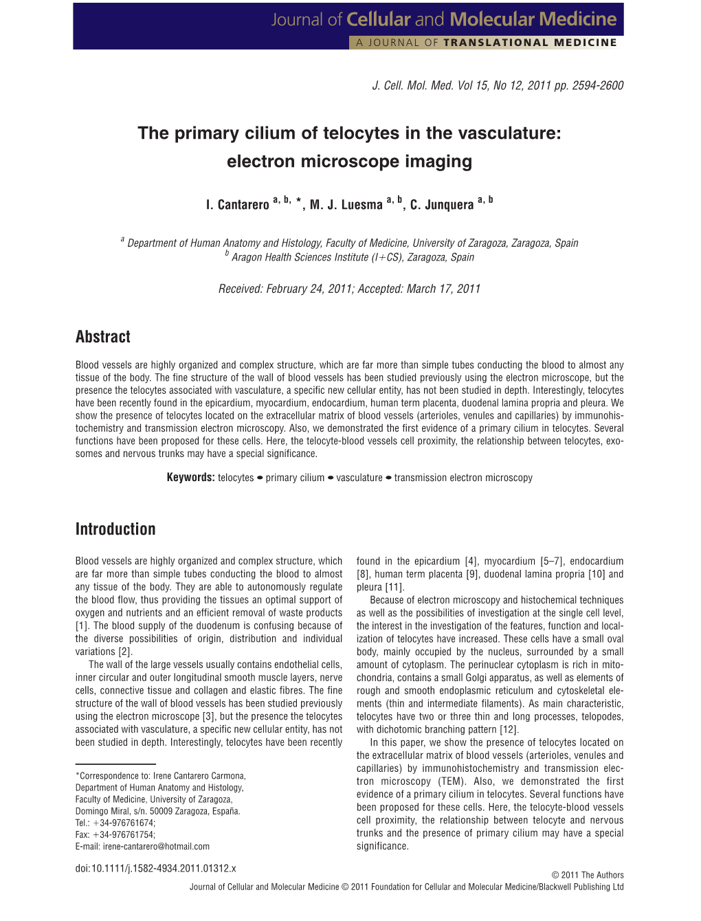 The Primary Cilium of Telocytes in the Vasculature: Electron Microscope Imaging