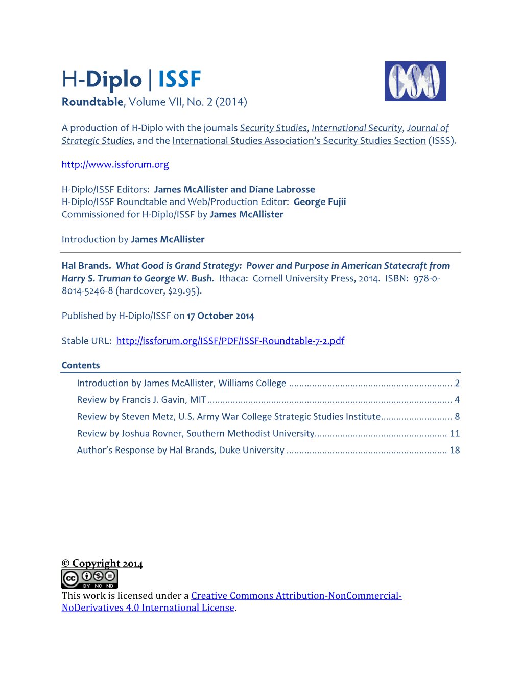 H-Diplo/ISSF Roundtable, Vol. 7, No. 2 (2014)