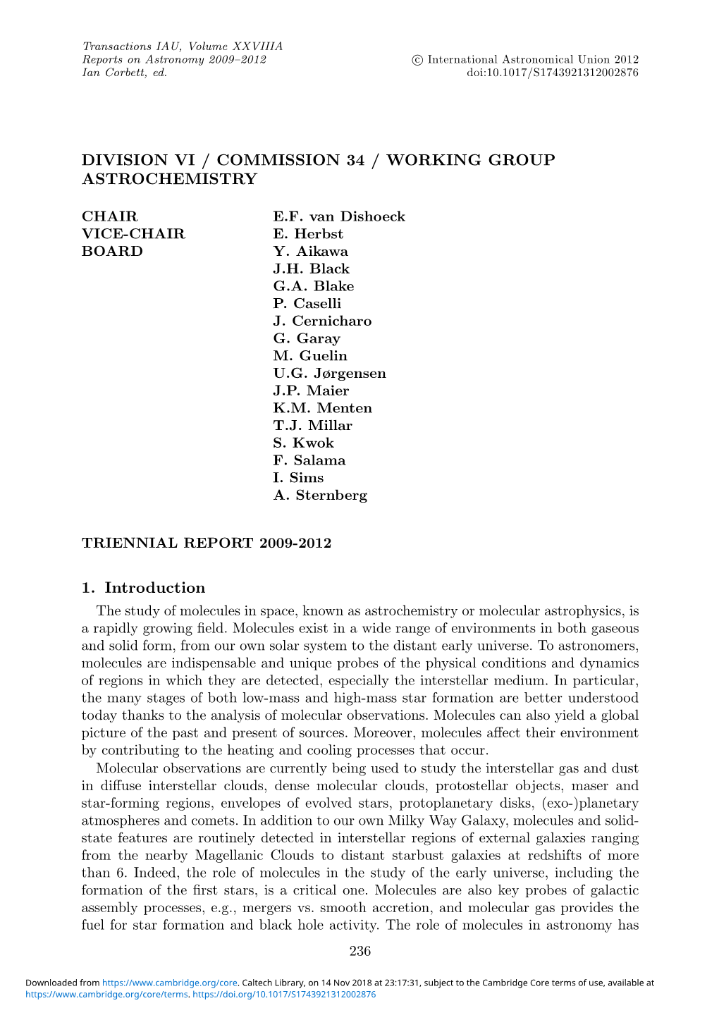 Division Vi / Commission 34 / Working Group Astrochemistry