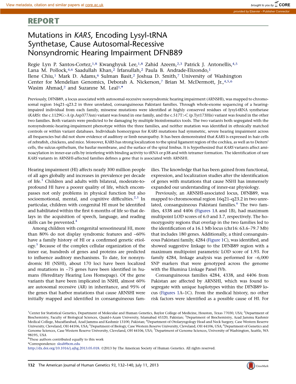 Mutations in KARS, Encoding Lysyl-Trna Synthetase, Cause Autosomal-Recessive Nonsyndromic Hearing Impairment DFNB89