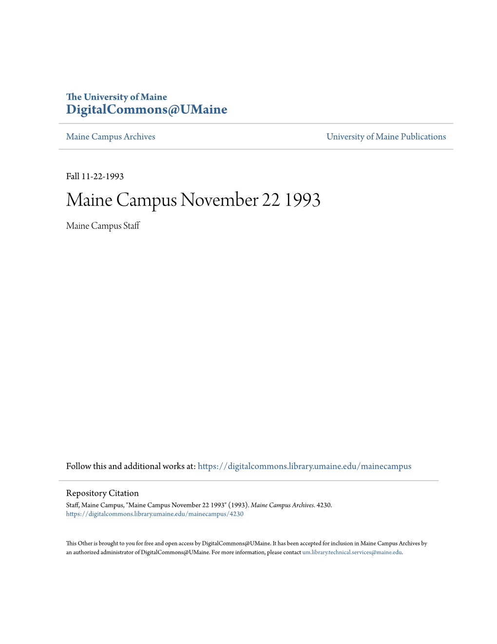 Maine Campus November 22 1993 Maine Campus Staff