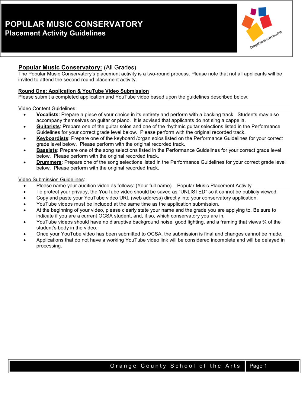 POPULAR MUSIC CONSERVATORY Placement Activity Guidelines