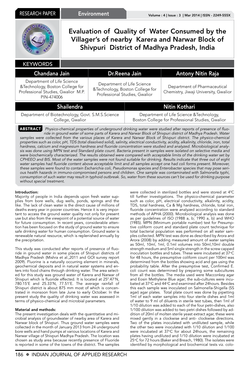 Evaluation of Quality of Water Consumed by the Villager's Of