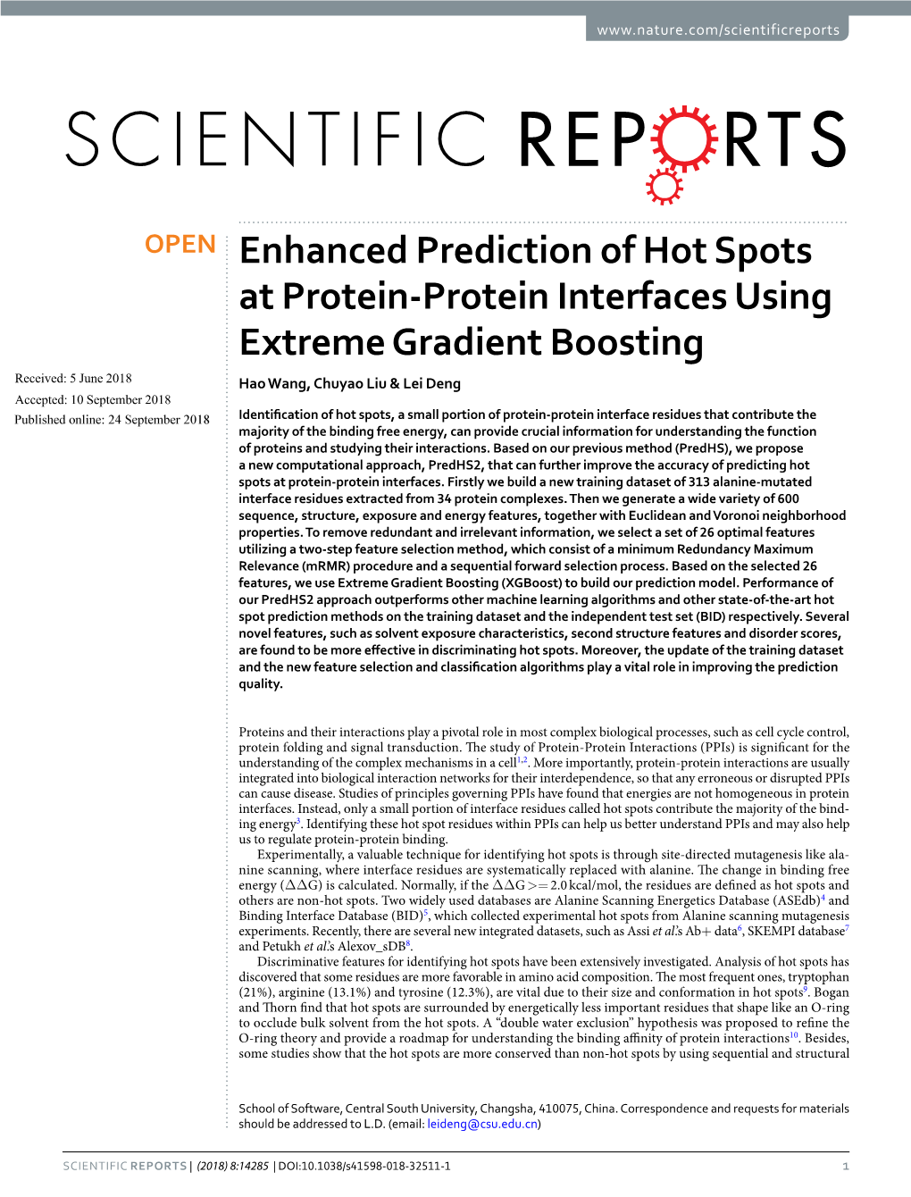 Enhanced Prediction of Hot Spots at Protein-Protein Interfaces Using Extreme Gradient Boosting