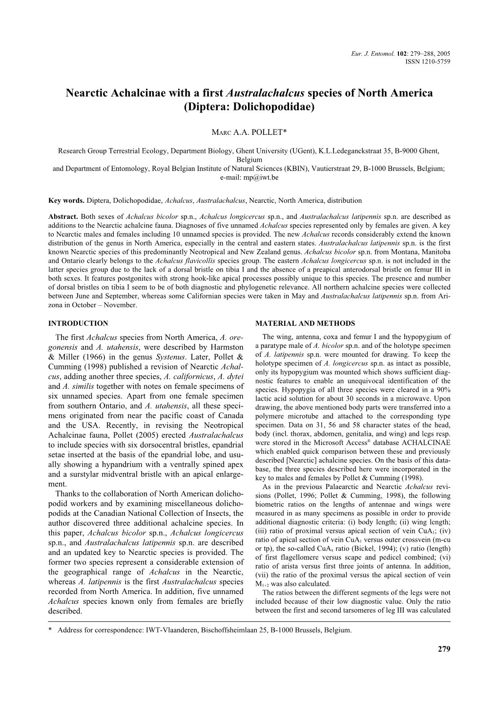 Nearctic Achalcinae with a First Australachalcus Species of North America (Diptera: Dolichopodidae)