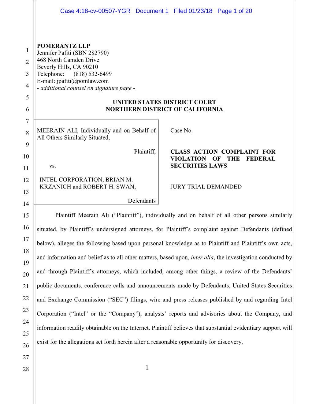 Meerain Ali, Et Al. V. Intel Corporation, Et Al. 18-CV-00507-Class Action Complaint for Violation of the Federal Securities Laws