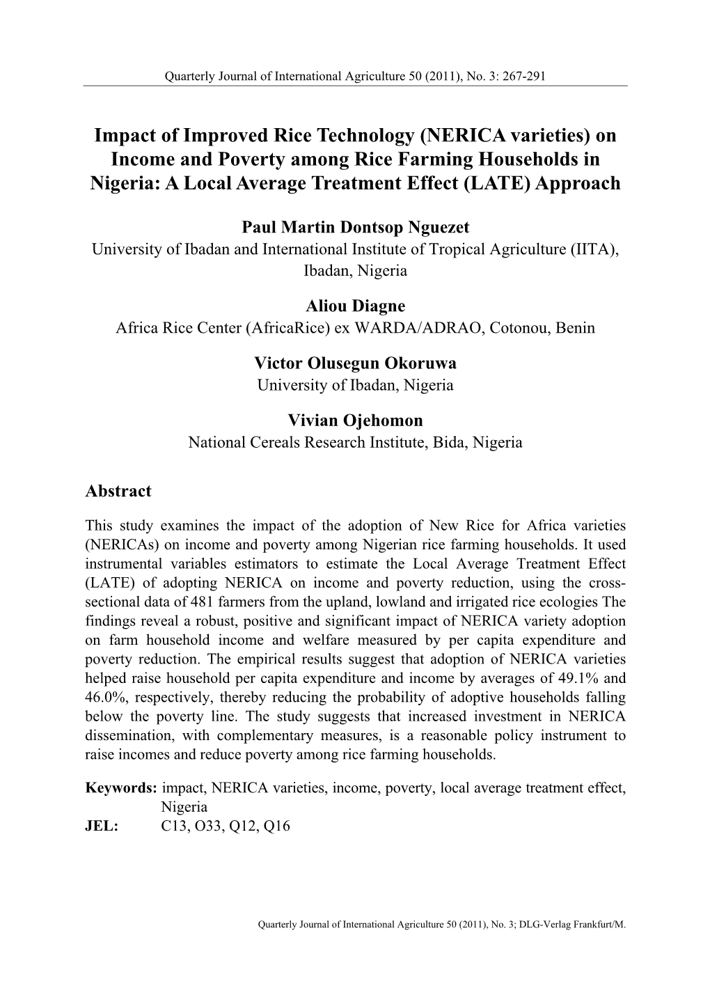 On Income and Poverty Among Rice Farming Households in Nigeria: a Local Average Treatment Effect (LATE) Approach