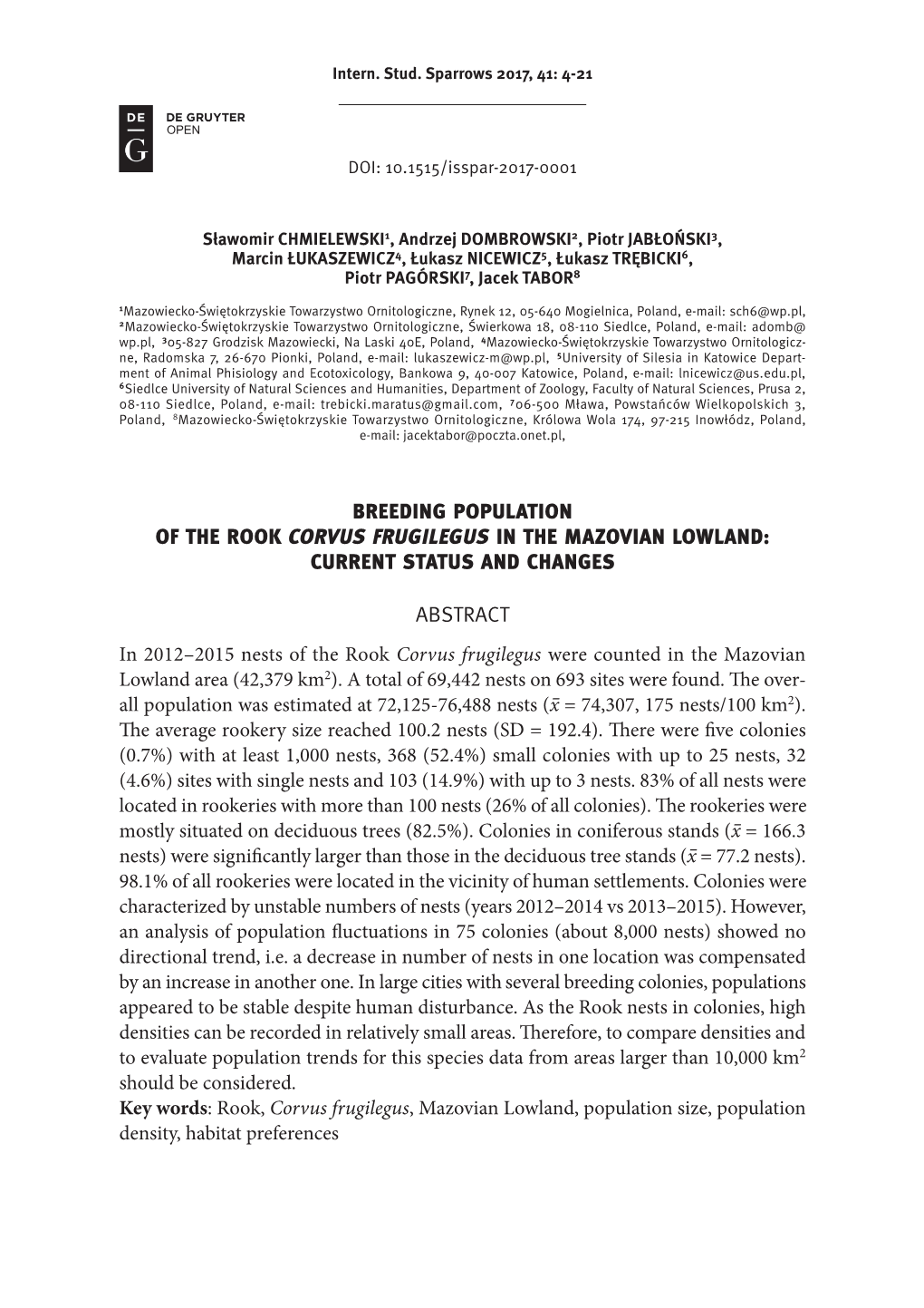 Breeding Population of the Rook Corvus Frugilegus in the Mazovian Lowland: Current Status and Changes