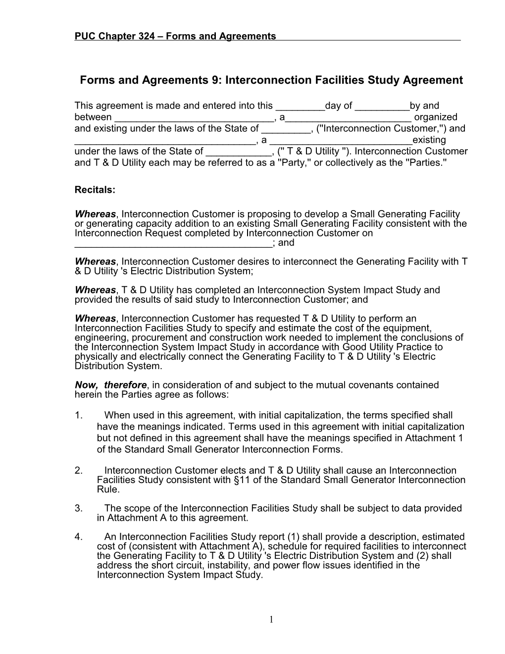 Forms And Agreements 9: Interconnection Facilities Study Agreement