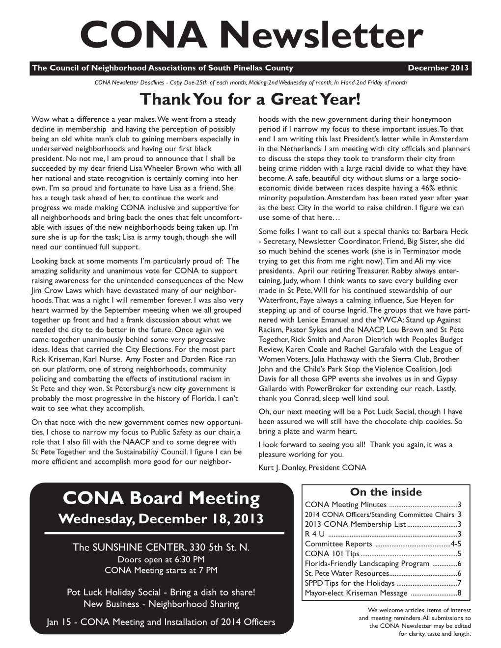 CONA Newsletter the Council of Neighborhood Associations of South Pinellas County December 2013