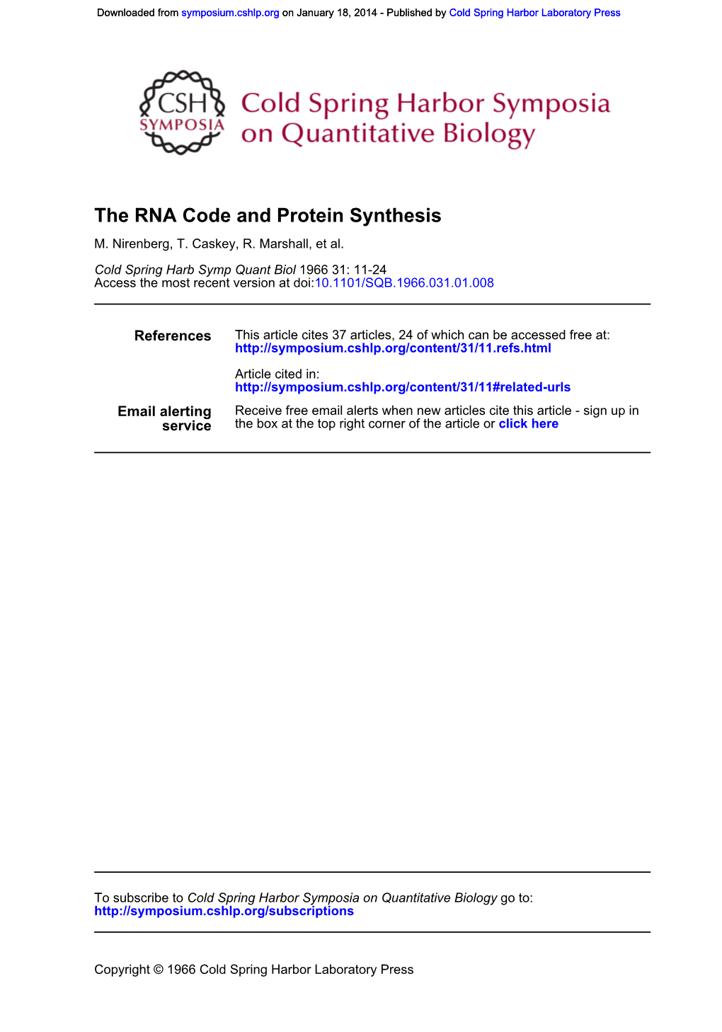 The RNA Code and Protein Synthesis