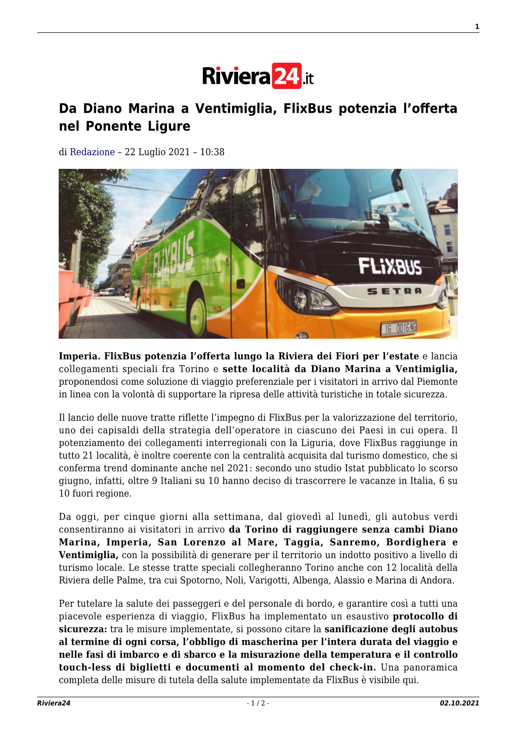 Da Diano Marina a Ventimiglia, Flixbus Potenzia L'offerta Nel Ponente Ligure