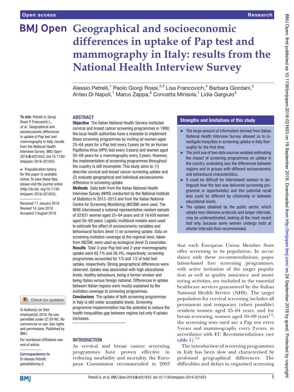 Geographical and Socioeconomic Differences in Uptake of Pap Test and Mammography in Italy: Results from the National Health Interview Survey