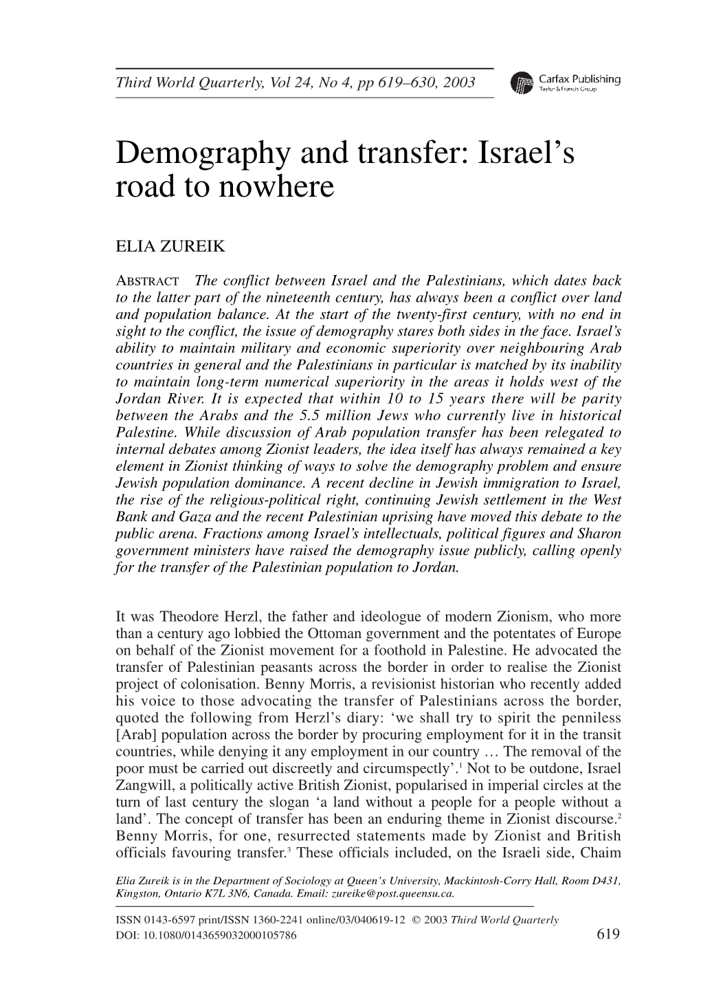 Demography and Transfer: Israel's Road to Nowhere