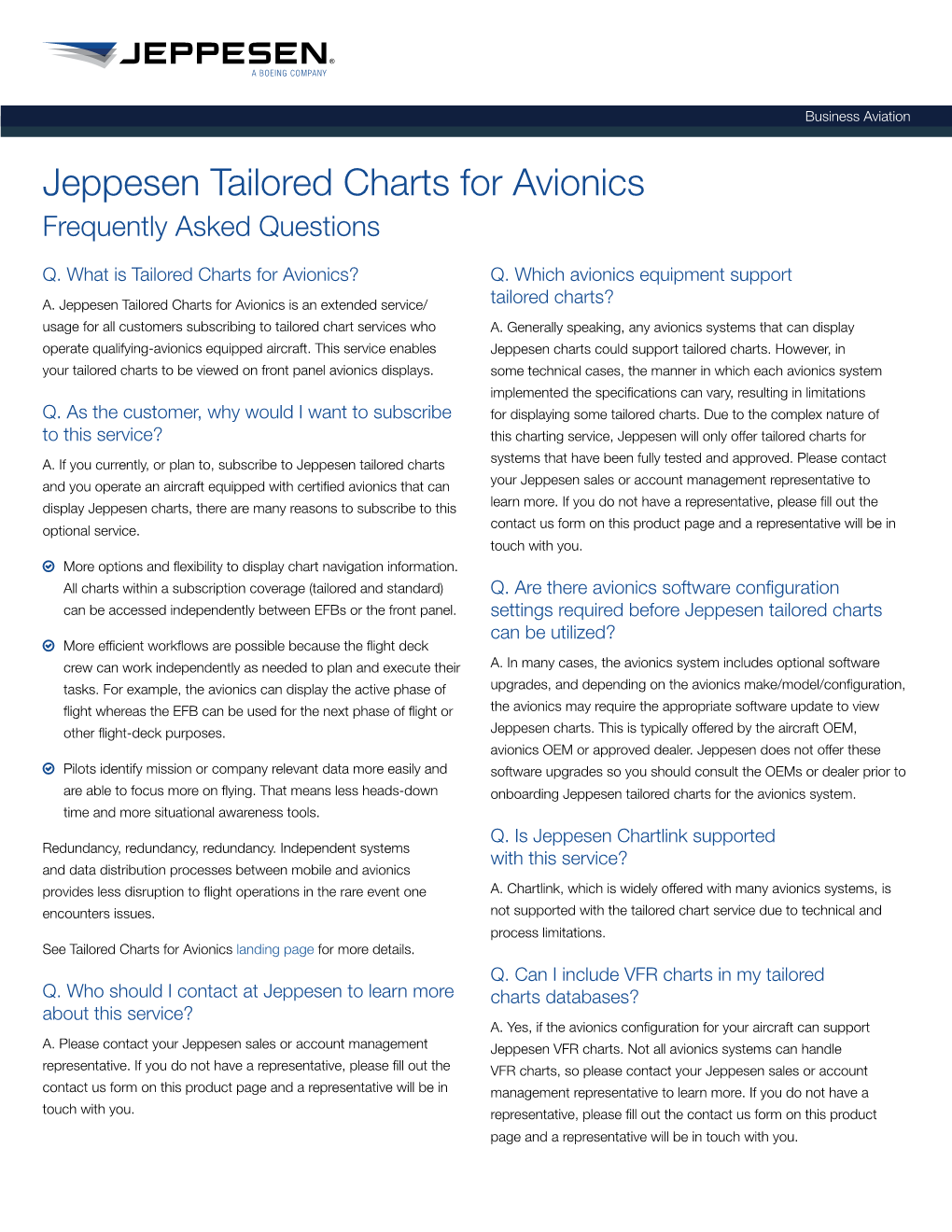 Jeppesen Tailored Charts for Avionics Frequently Asked Questions