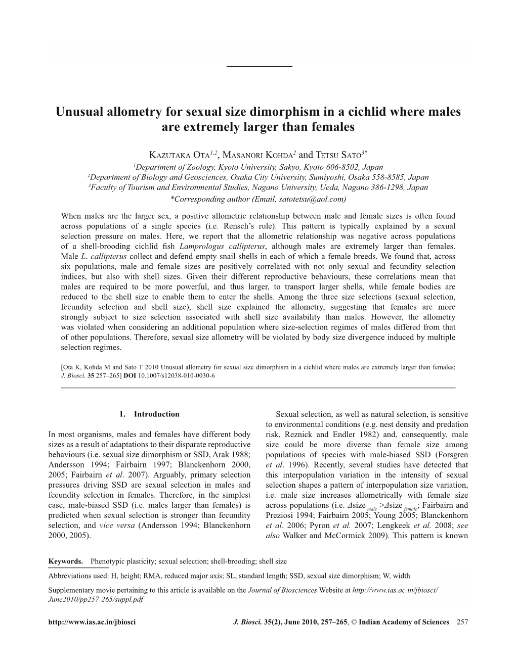 Unusual Allometry for Sexual Size Dimorphism in a Cichlid Where Males Are Extremely Larger Than Females