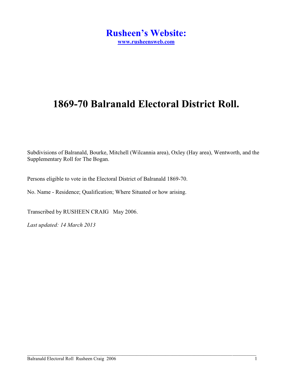 Electoral Roll Rusheen Craig 2006 1 Contents 1869-70 Balranald Sub-Division