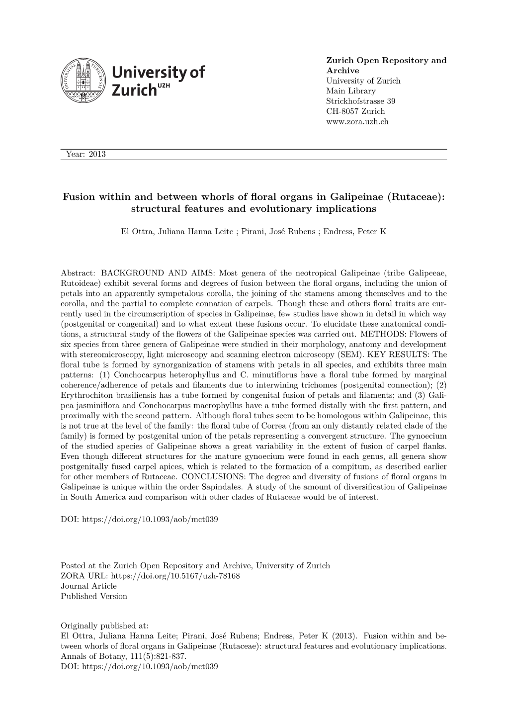 Fusion Within and Between Whorls of Floral Organs in Galipeinae (Rutaceae): Structural Features and Evolutionary Implications