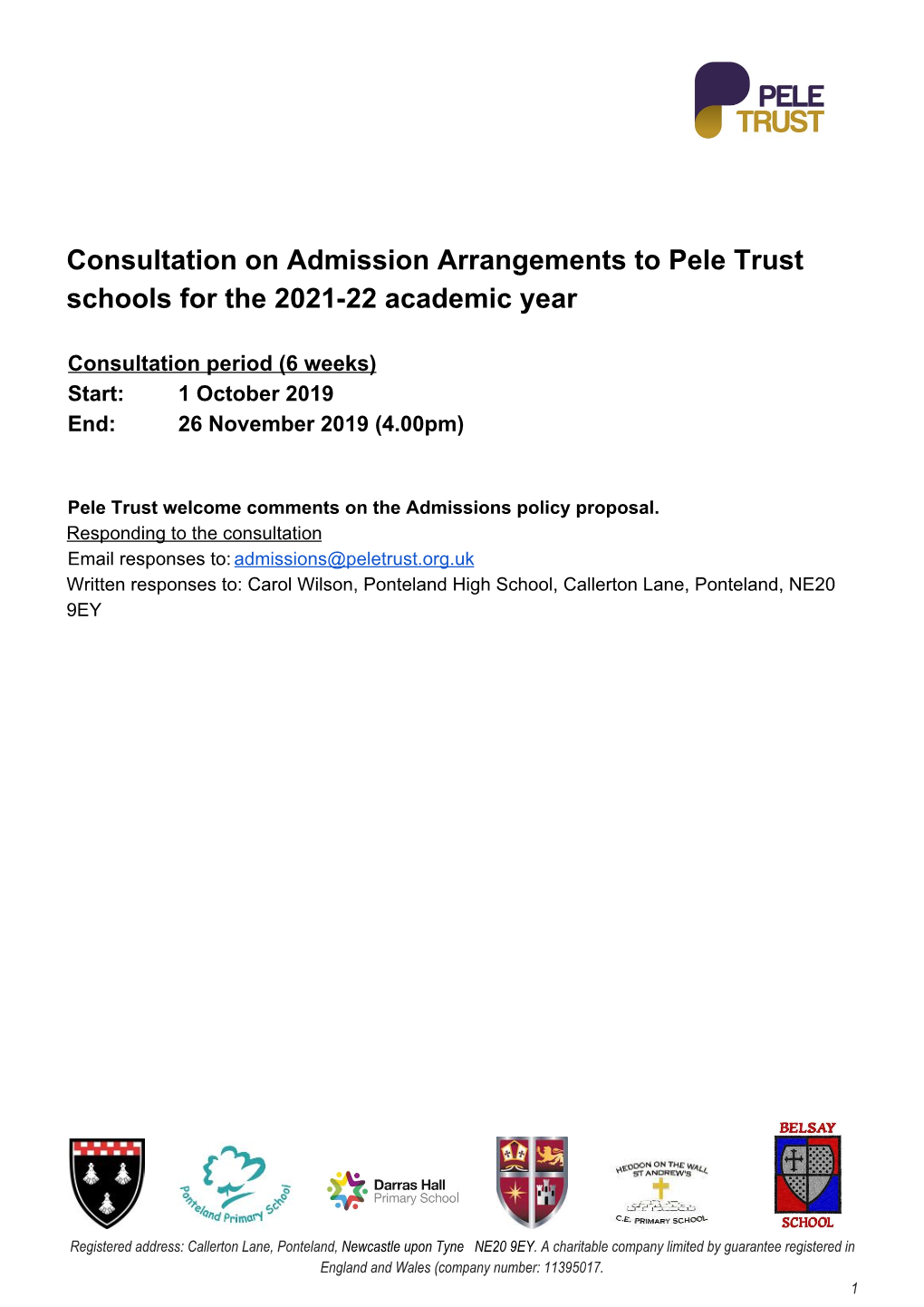 Consultation on Admission Arrangements to Pele Trust Schools for the 2021-22 Academic Year
