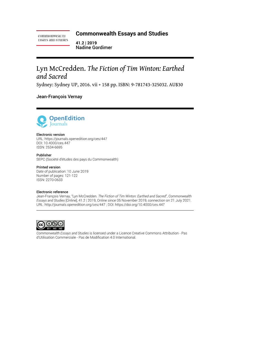 Lyn Mccredden. the Fiction of Tim Winton: Earthed and Sacred Sydney: Sydney UP, 2016