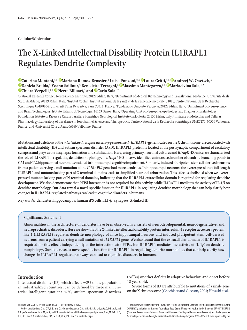 The X-Linked Intellectual Disability Protein IL1RAPL1 Regulates Dendrite Complexity
