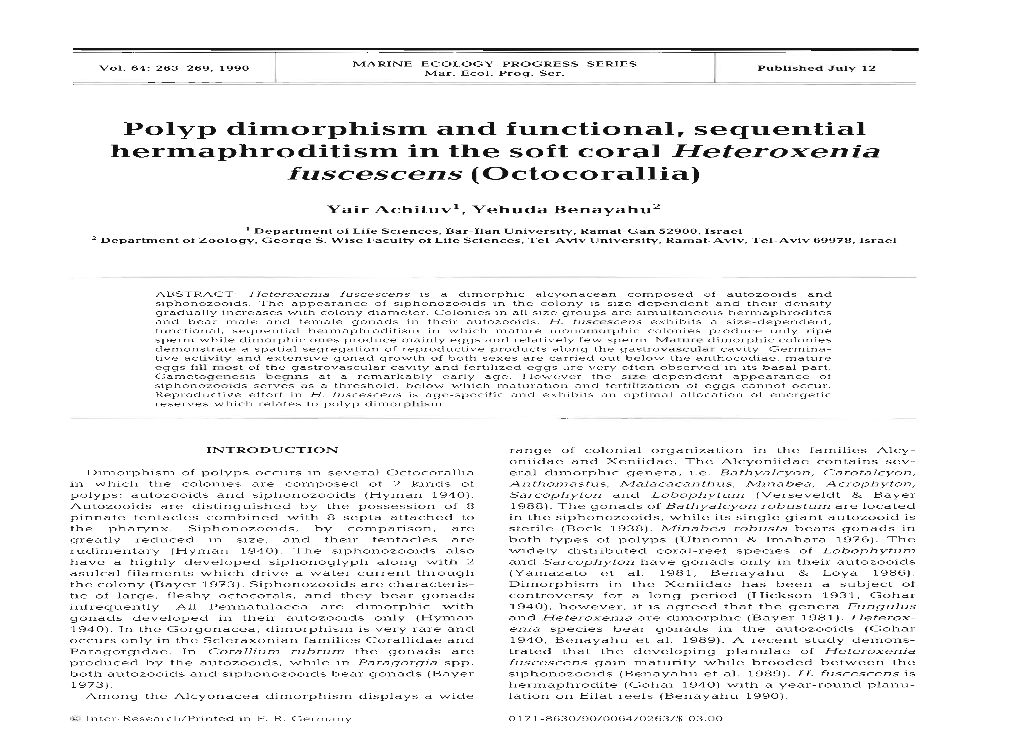 Polyp Dimorphism and Functional, Sequential Hermaphroditism in the Soft Coral Heteroxenia Fuscescens (Octocorallia)