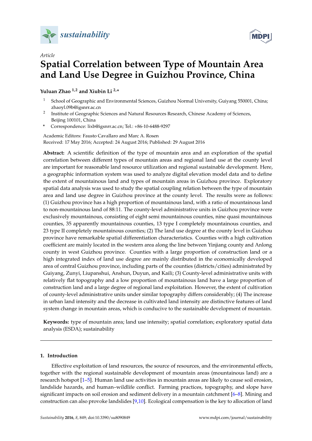 Spatial Correlation Between Type of Mountain Area and Land Use Degree in Guizhou Province, China