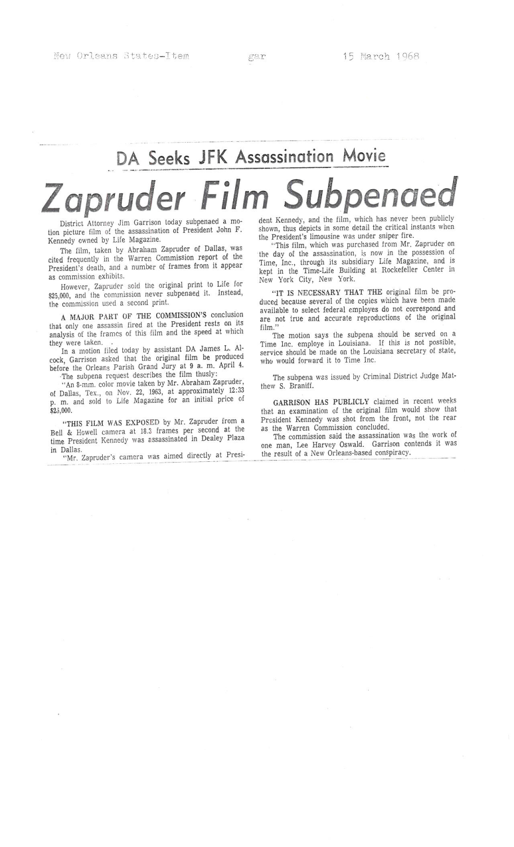 Zapruder Film Subpenaed