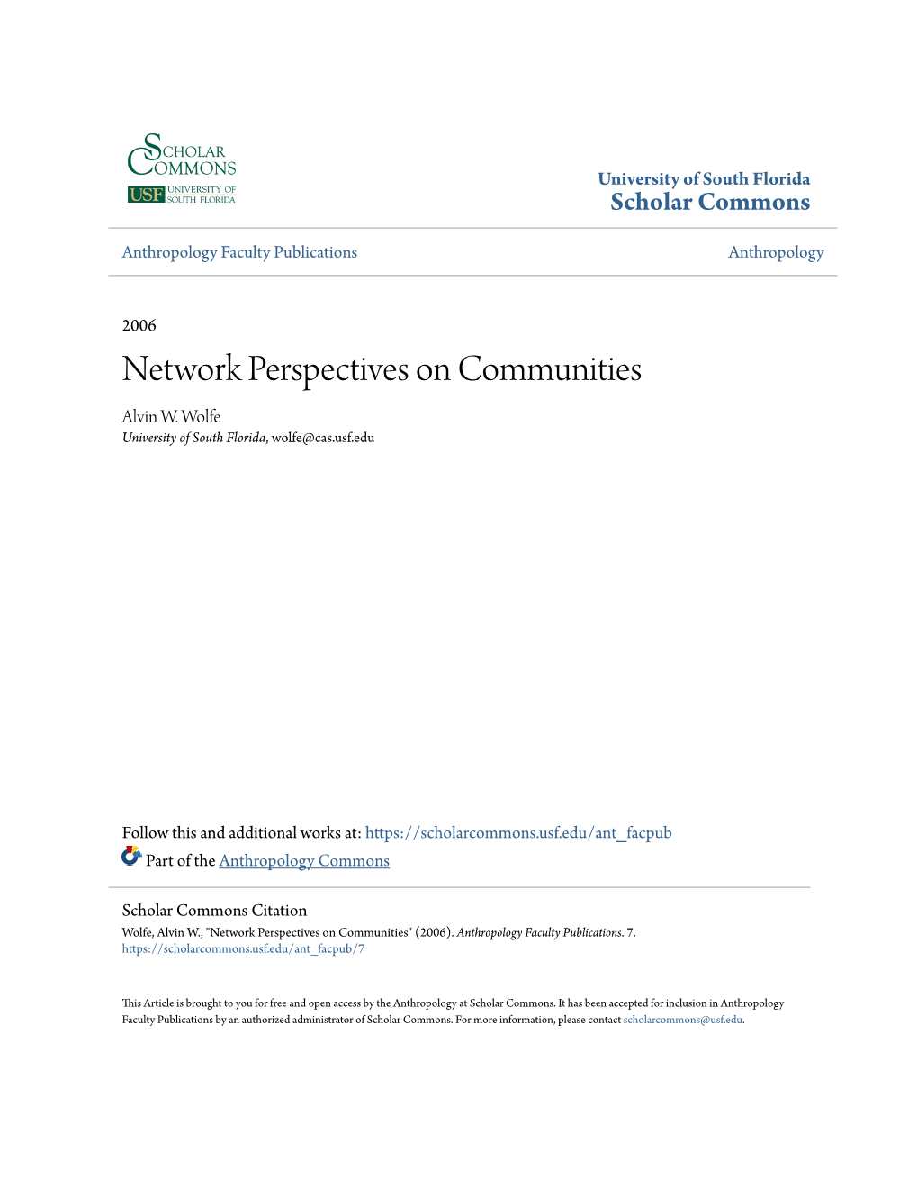 Network Perspectives on Communities Alvin W