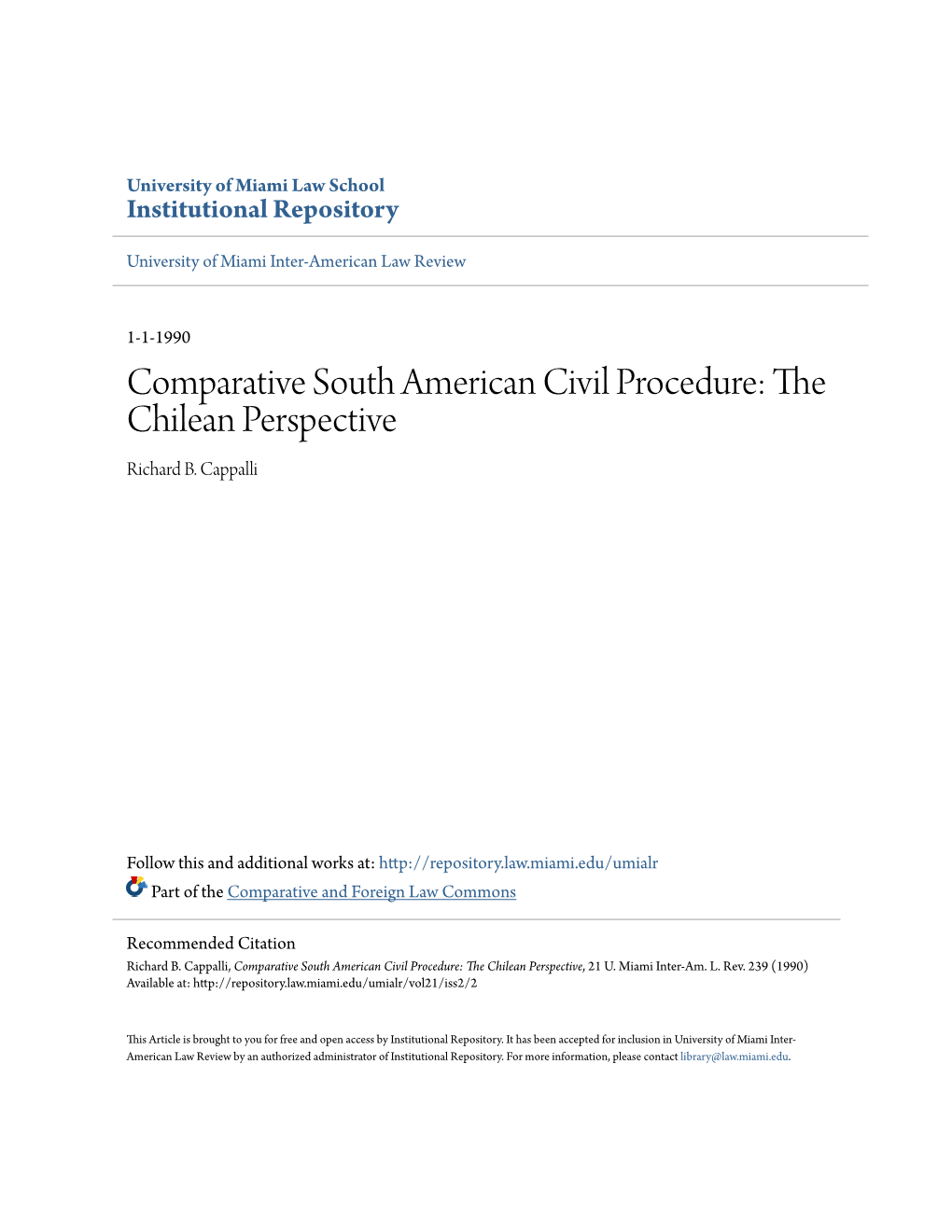 Comparative South American Civil Procedure: the Chilean Perspective Richard B