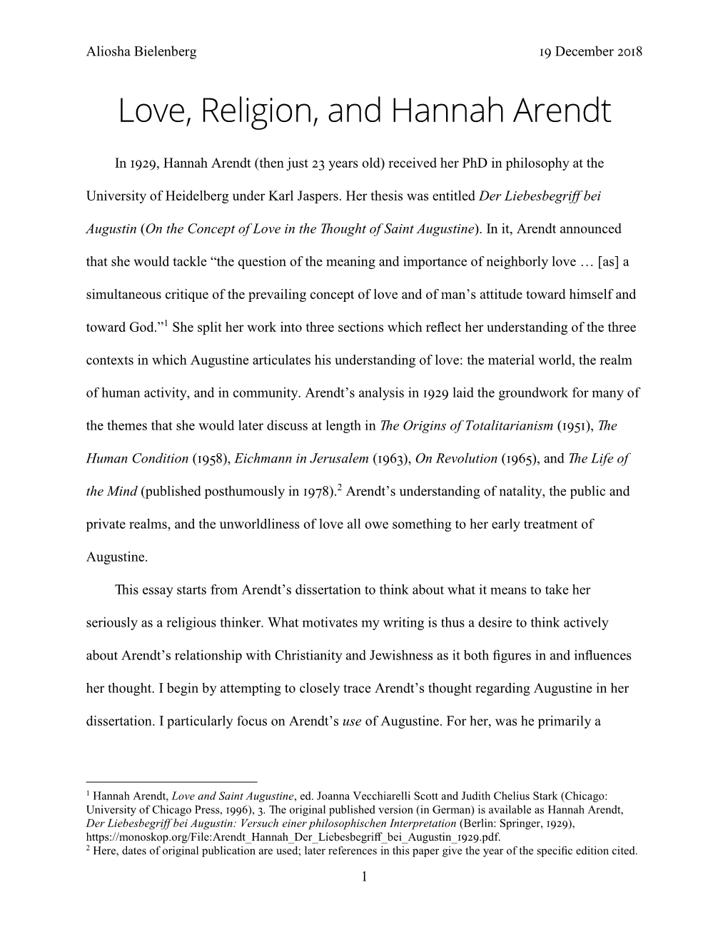 Love, Religion, and Hannah Arendt