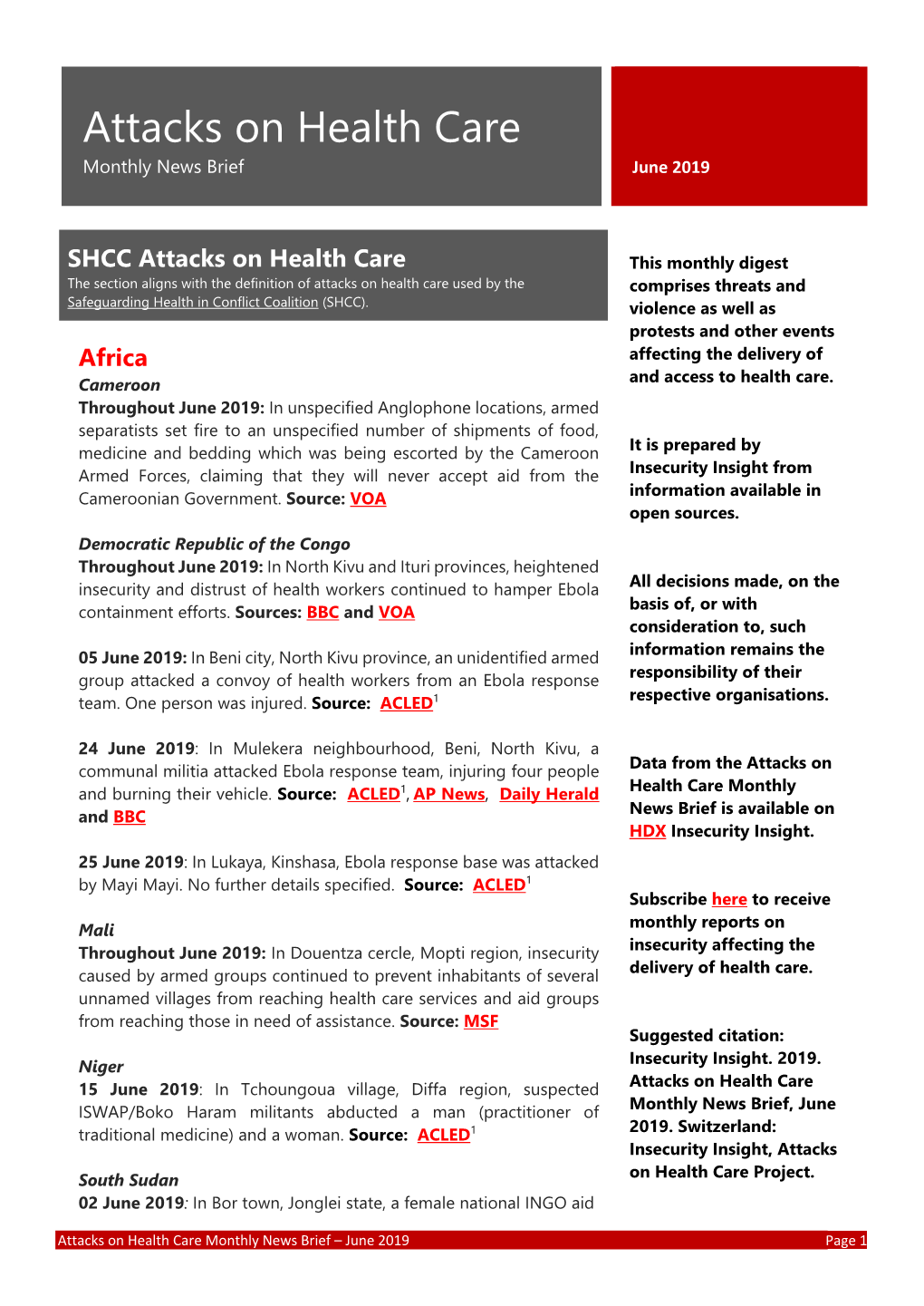 Attacks on Health Care Monthly News Brief June 2019