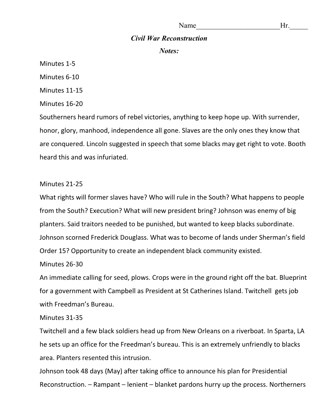 Civil War Reconstruction Notes: Minutes 1-5 Minutes 6-10 Minutes 11-15 Minutes 16-20 Southerners Heard Rumors of Rebel Victories, Anything to Keep Hope Up