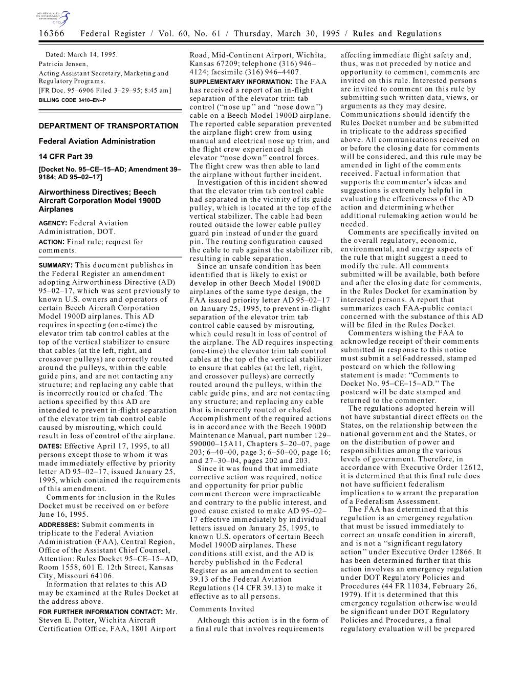 Federal Register / Vol. 60, No. 61 / Thursday, March 30, 1995 / Rules and Regulations