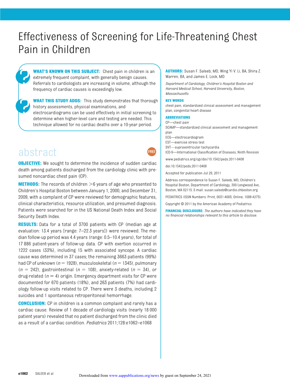 Effectiveness of Screening for Life-Threatening Chest Pain in Children