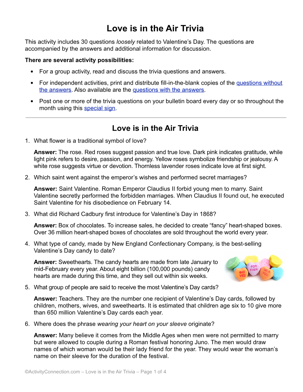 Love Is in the Air Trivia This Activity Includes 30 Questions Loosely Related to Valentine’S Day