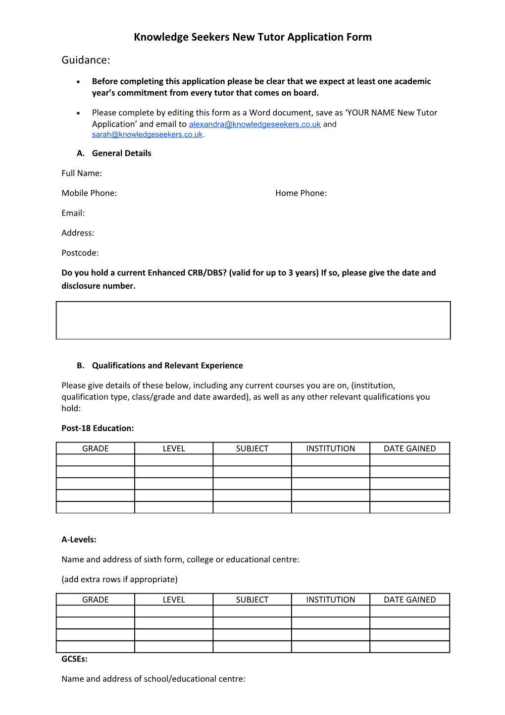 Knowledge Seekers New Tutor Application Form