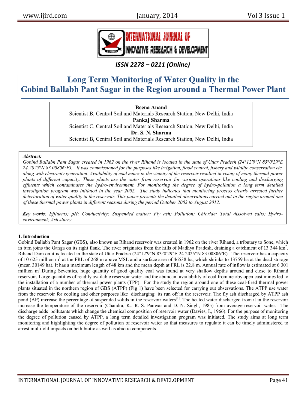 Long Term Monitoring of Water Quality in the Gobind Ballabh Pant Sagar in the Region Around a Thermal Power Plant