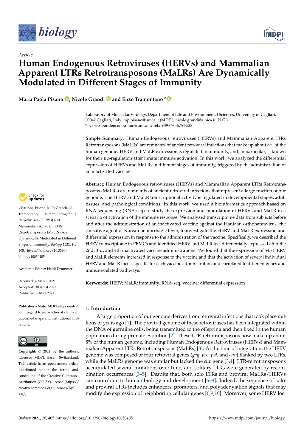 (Hervs) and Mammalian Apparent Ltrs Retrotransposons (Malrs) Are Dynamically Modulated in Different Stages of Immunity