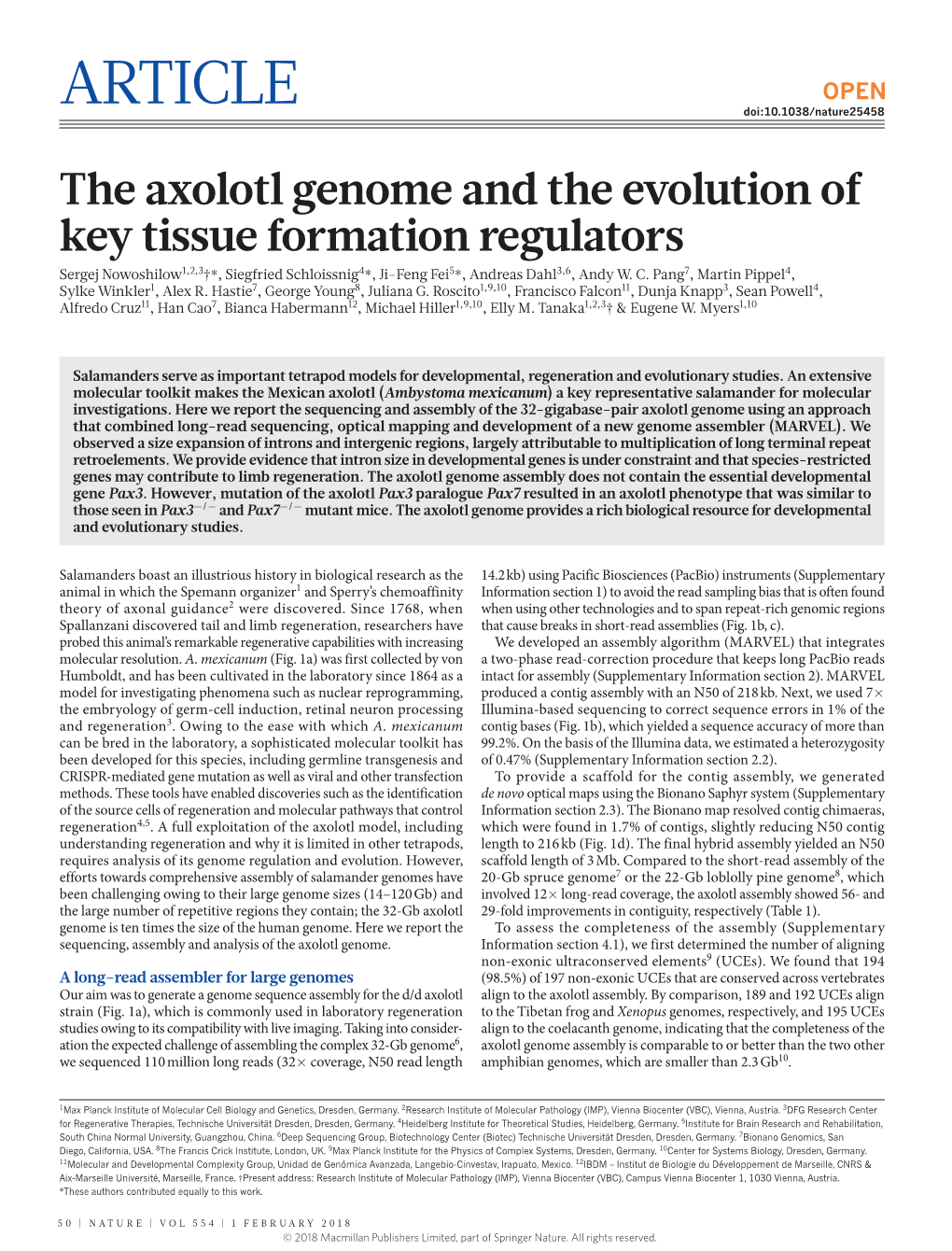 The Axolotl Genome and the Evolution of Key Tissue Formation Regulators Sergej Nowoshilow1,2,3†*, Siegfried Schloissnig4*, Ji-Feng Fei5*, Andreas Dahl3,6, Andy W