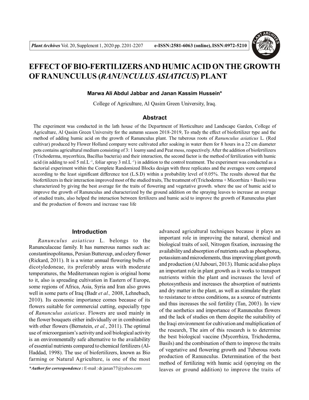 Effect of Bio-Fertilizers and Humic Acid on the Growth of Ranunculus (Ranunculus Asiaticus) Plant