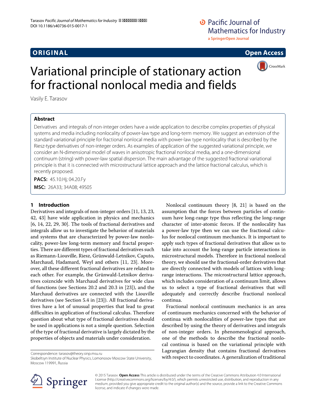 Variational Principle of Stationary Action for Fractional Nonlocal Media and Fields Vasily E