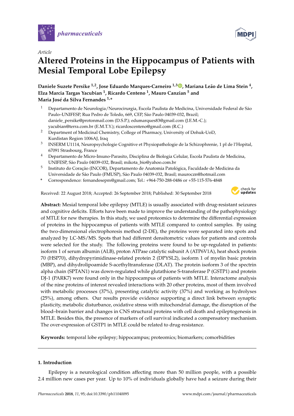 Altered Proteins in the Hippocampus of Patients with Mesial Temporal Lobe Epilepsy