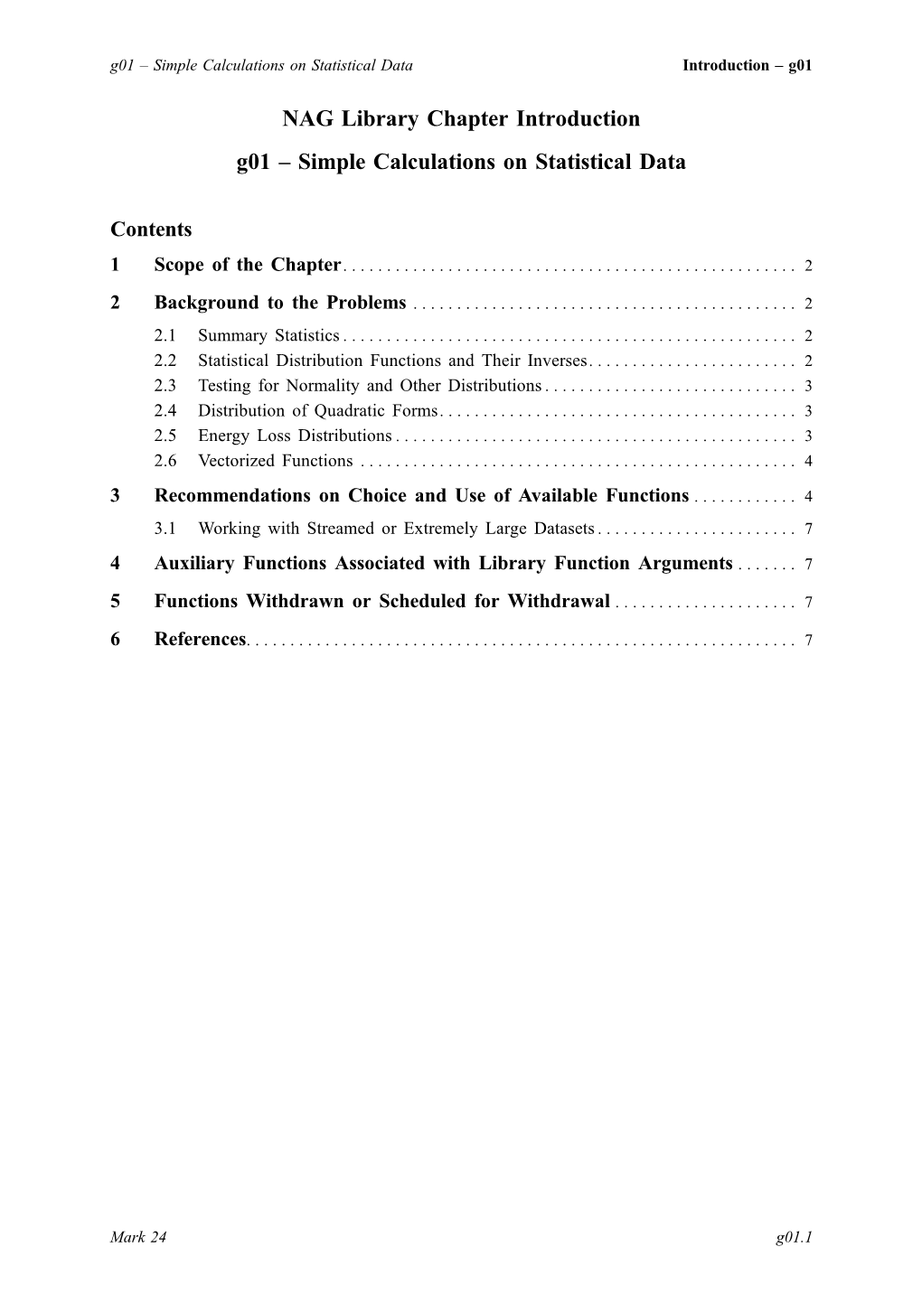 NAG Library Chapter Introduction G01 – Simple Calculations on Statistical Data