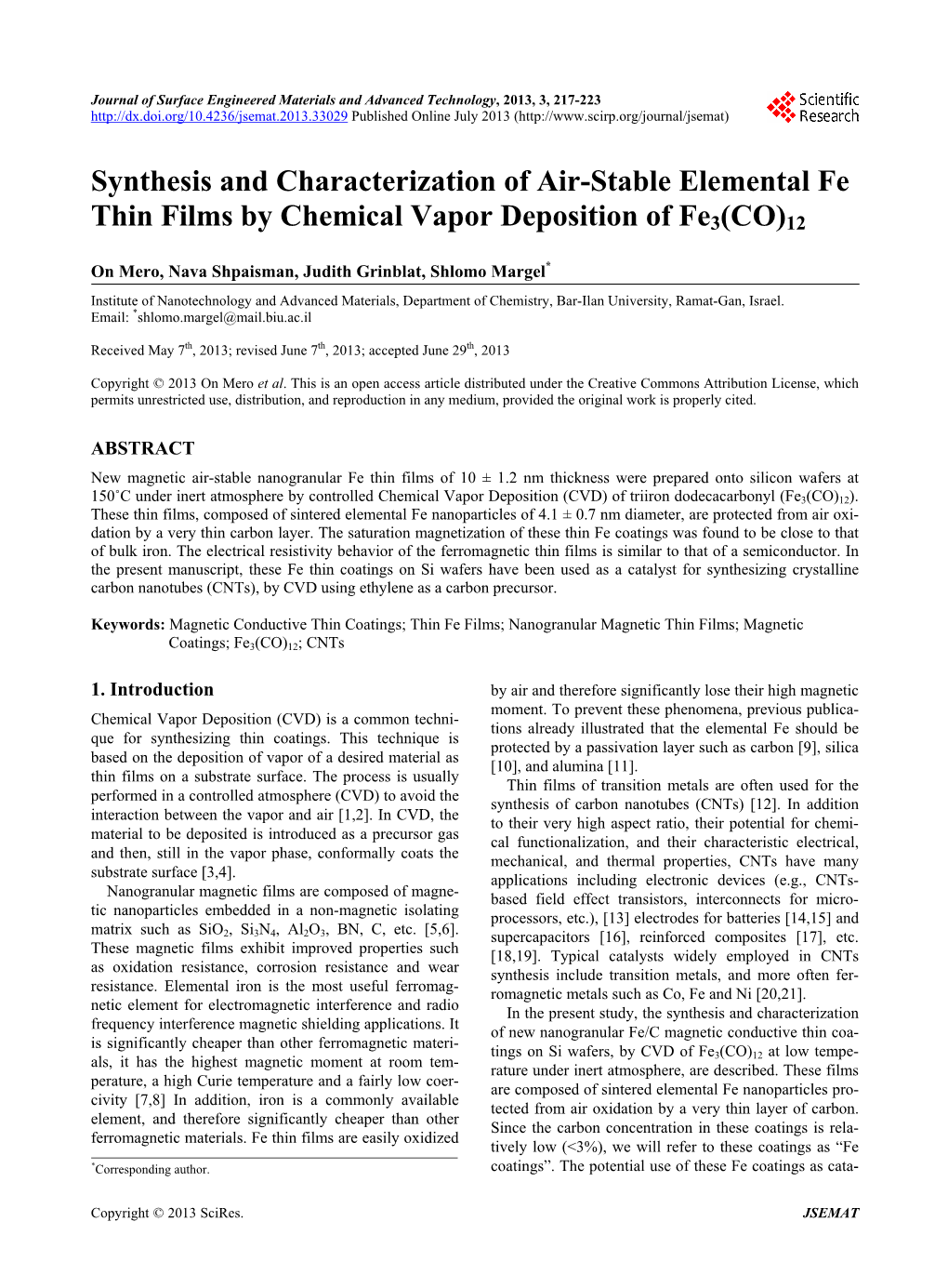 Synthesis and Characterization of Air-Stable Elemental Fe Thin Films by Chemical Vapor Deposition of Fe3(CO)12