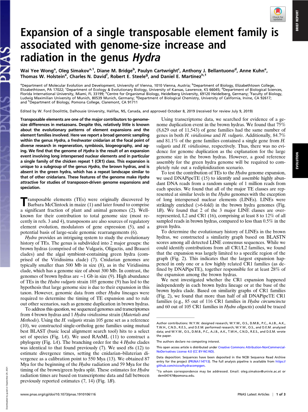 Expansion of a Single Transposable Element Family Is BRIEF REPORT Associated with Genome-Size Increase and Radiation in the Genus Hydra