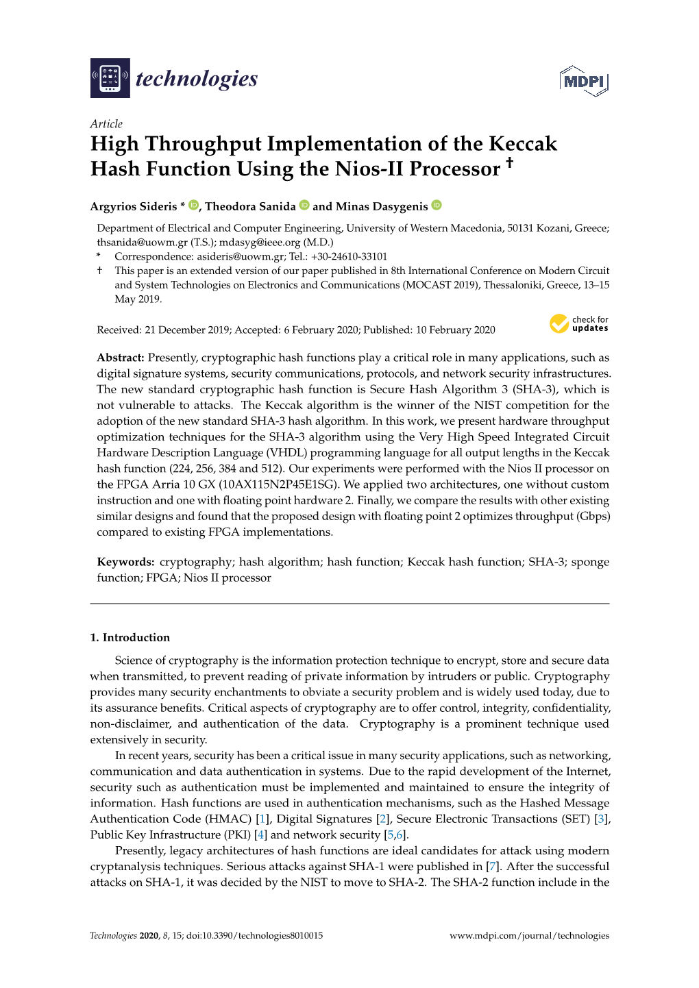 High Throughput Implementation of the Keccak Hash Function Using the Nios-II Processor †