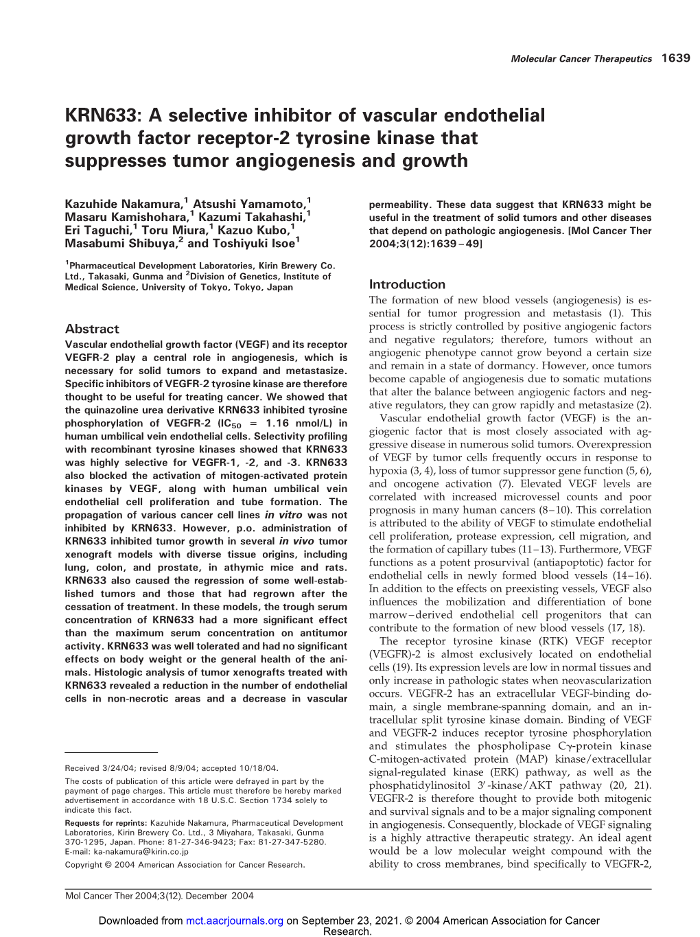 A Selective Inhibitor of Vascular Endothelial Growth Factor Receptor-2 Tyrosine Kinase That Suppresses Tumor Angiogenesis and Growth