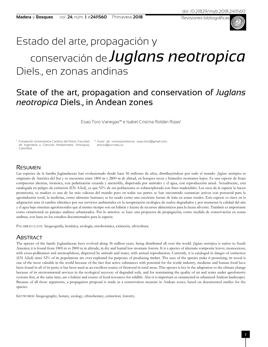 Juglans Neotropica Diels., En Zonas Andinas